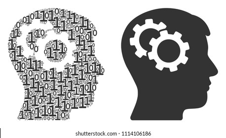 Intellect gears composition icon of zero and one symbols in different sizes. Vector digits are scattered into intellect gears mosaic design concept.