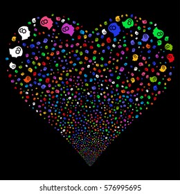 Intellect Gears fireworks with heart shape. Vector illustration style is flat bright multicolored iconic symbols on a black background. Object heart created from random symbols.