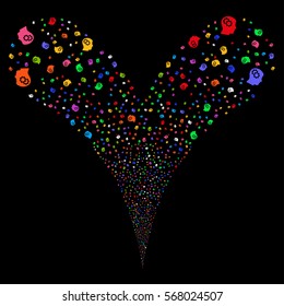 Intellect Gears fireworks stream. Vector illustration style is flat bright multicolored iconic symbols on a black background. Object double fountain combined from random pictograms.
