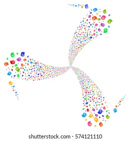 Intellect Gears fireworks swirl rotation. Vector illustration style is flat bright multicolored iconic symbols on a white background. Object whirlpool combined from random icons.