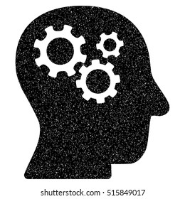 Intellect Gears grainy textured icon for overlay watermark stamps. Flat symbol with dust texture. Dotted vector black ink rubber seal stamp with grunge design on a white background.