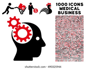 Intellect Gears icon with 1000 medical business intensive red and black vector design elements. Collection style is flat bicolor symbols, white background.