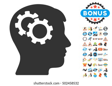 Intellect Gears icon with bonus 2017 new year pictures. Vector illustration style is flat iconic symbols,modern colors, rounded edges.