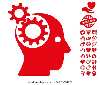 Intellect Gears icon with bonus decoration pictograph collection. Vector illustration style is flat iconic red symbols on white background.