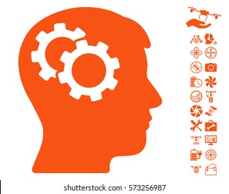 Intellect Gears icon with bonus quad copter tools design elements. Vector illustration style is flat iconic symbols on white background.