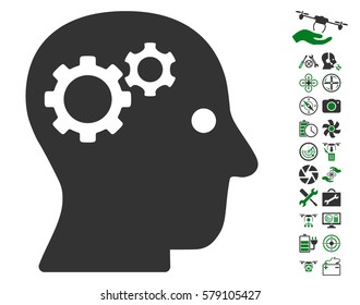 Intellect Gears icon with bonus quad copter tools design elements. Vector illustration style is flat iconic green and gray symbols on white background.