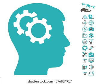 Intellect Gears icon with bonus quadrocopter tools pictograms. Vector illustration style is flat iconic grey and cyan symbols on white background.