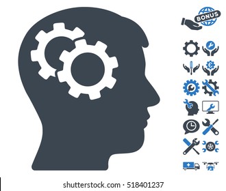 Intellect Gears icon with bonus service icon set. Vector illustration style is flat iconic smooth blue symbols on white background.