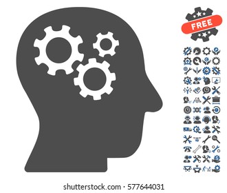 Intellect Gears icon with bonus settings graphic icons. Vector illustration style is flat iconic cobalt and gray symbols on white background.