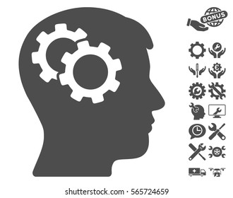 Intellect Gears icon with bonus setup tools graphic icons. Vector illustration style is flat iconic gray symbols on white background.