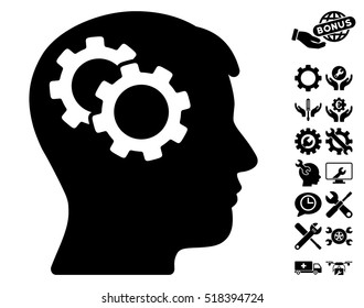 Intellect Gears icon with bonus tools pictograms. Vector illustration style is flat iconic black symbols on white background.