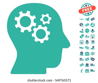 Intellect Gears icon with free bonus symbols. Vector illustration style is flat iconic symbols, cobalt and cyan colors, white background.