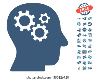 Intellect Gears icon with free bonus images. Vector illustration style is flat iconic symbols, cyan and blue colors, white background.