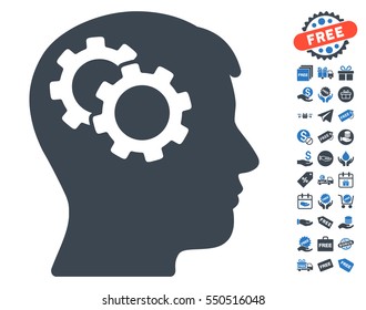 Intellect Gears icon with free bonus clip art. Vector illustration style is flat iconic symbols, smooth blue colors, white background.