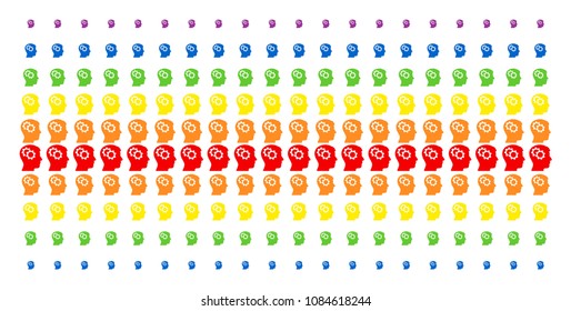 Intellect Gears icon spectrum halftone pattern. Vector pictograms organized into halftone matrix with vertical spectrum gradient. Constructed for backgrounds, covers,