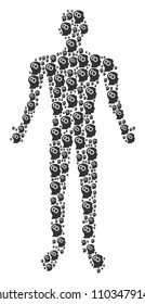 Intellect gears man figure. Vector intellect gears icons are grouped into man composition.