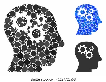 Intellect gears mosaic of filled circles in various sizes and color tones, based on intellect gears icon. Vector small circles are combined into blue mosaic.