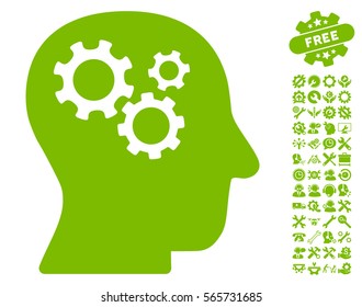 Intellect Gears pictograph with bonus configuration symbols. Vector illustration style is flat iconic eco green symbols on white background.