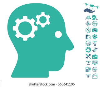 Intellect Gears pictograph with bonus copter service clip art. Vector illustration style is flat iconic cobalt and cyan symbols on white background.