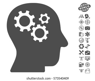 Intellect Gears pictograph with bonus drone tools icon set. Vector illustration style is flat iconic symbols on white background.