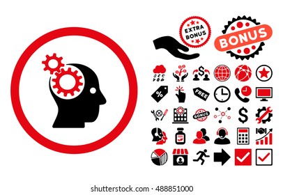 Intellect Gears pictograph with bonus elements. Vector illustration style is flat iconic bicolor symbols, intensive red and black colors, white background.