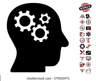 Intellect Gears pictograph with bonus flying drone service pictograms. Vector illustration style is flat iconic intensive red and black symbols on white background.