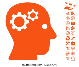 Intellect Gears pictograph with bonus nanocopter service pictures. Vector illustration style is flat iconic symbols on white background.