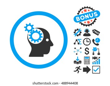 Intellect Gears pictograph with bonus pictures. Vector illustration style is flat iconic bicolor symbols, blue and gray colors, white background.