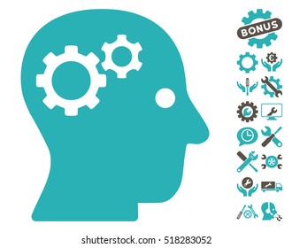 Intellect Gears pictograph with bonus settings pictograph collection. Vector illustration style is flat iconic grey and cyan symbols on white background.