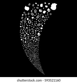 Intellect Gears random fireworks stream. Vector illustration style is flat white iconic symbols on a black background. Object fountain organized from scattered pictograms.