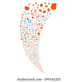 Intellect Gears random fireworks stream. Vector illustration style is flat orange iconic symbols on a white background. Object fountain created from scattered icons.