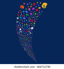 Intellect Gears random fireworks stream. Vector illustration style is flat bright multicolored iconic symbols on a blue background. Object fountain combined from scattered design elements.