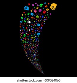 Intellect Gears random fireworks stream. Vector illustration style is flat bright multicolored iconic symbols on a black background. Object fountain organized from scattered design elements.