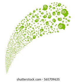 Intellect Gears random source stream. Vector illustration style is flat eco green iconic symbols on a white background. Object fountain created from pictographs.