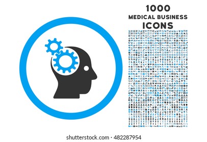 Intellect Gears rounded vector bicolor icon with 1000 medical business icons. Set style is flat pictograms, blue and gray colors, white background.