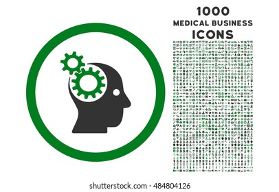Intellect Gears rounded vector bicolor icon with 1000 medical business icons. Set style is flat pictograms, green and gray colors, white background.