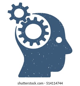 Intellect Gears rubber seal stamp watermark. Icon vector symbol with grunge design and corrosion texture. Scratched blue ink sticker on a white background.