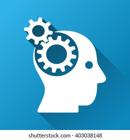 Intellect Gears vector toolbar icon for software design. Style is a white symbol on a square blue background with gradient long shadow.