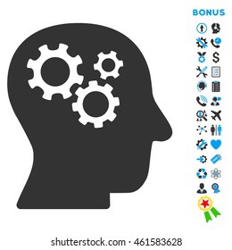 Intellect icon with bonus pictograms. Vector style is bicolor flat iconic symbol with rounded angles, blue and gray colors, white background.