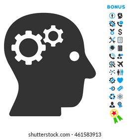 Intellect icon with bonus pictograms. Vector style is bicolor flat iconic symbol with rounded angles, blue and gray colors, white background.