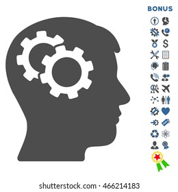 Intellect icon with bonus pictograms. Vector style is bicolor flat iconic symbol with rounded angles, cobalt and gray colors, white background.