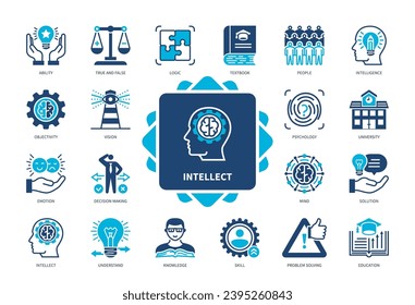 Intellect icon set. Human Mind, True and False, Decision Making, Education, Objectivity, Knowledge, Ability, Intelligence. Duotone color solid icons