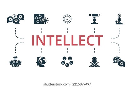 Intellect icon set. Monochrome simple Intellect icon collection. Brainstorming, Solutions, Focus, Skill, Solve The Problem, Experience, Global Thinking, Emotion, Failure, Psychology icon