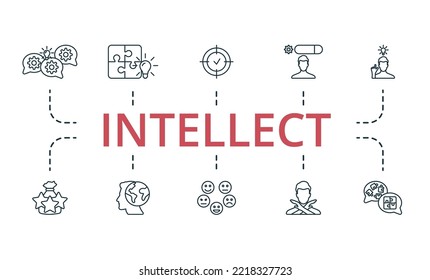 Intellect icon set. Monochrome simple Intellect icon collection. Brainstorming, Solutions, Focus, Skill, Solve The Problem, Experience, Global Thinking, Emotion, Failure, Psychology icon
