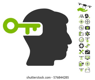 Intellect Key icon with bonus flying drone tools images. Vector illustration style is flat iconic eco green and gray symbols on white background.