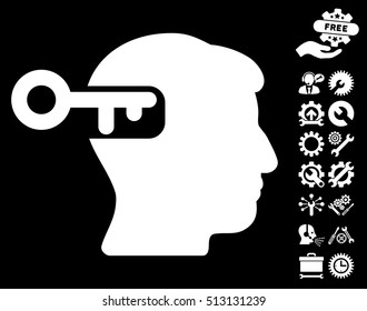 Intellect Key icon with bonus settings pictograph collection. Vector illustration style is flat iconic white symbols on black background.