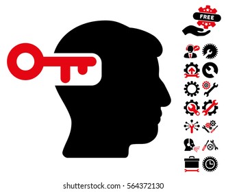 Intellect Key icon with bonus settings pictograph collection. Vector illustration style is flat iconic intensive red and black symbols on white background.