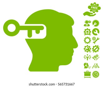 Intellect Key icon with bonus settings pictograph collection. Vector illustration style is flat iconic eco green symbols on white background.