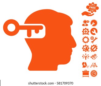 Intellect Key icon with bonus tools design elements. Vector illustration style is flat iconic orange symbols on white background.