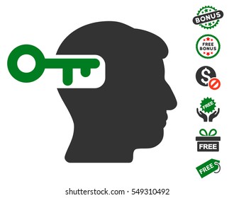 Intellect Key icon with free bonus symbols. Vector illustration style is flat iconic symbols, green and gray colors, white background.